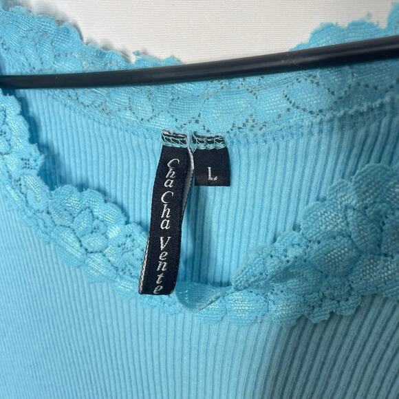 Y2K Cha Cha Vente Baby Blue Tank Top Lace Trim Size L 2000s Lettuce Hem USA Made - Picture 5 of 9